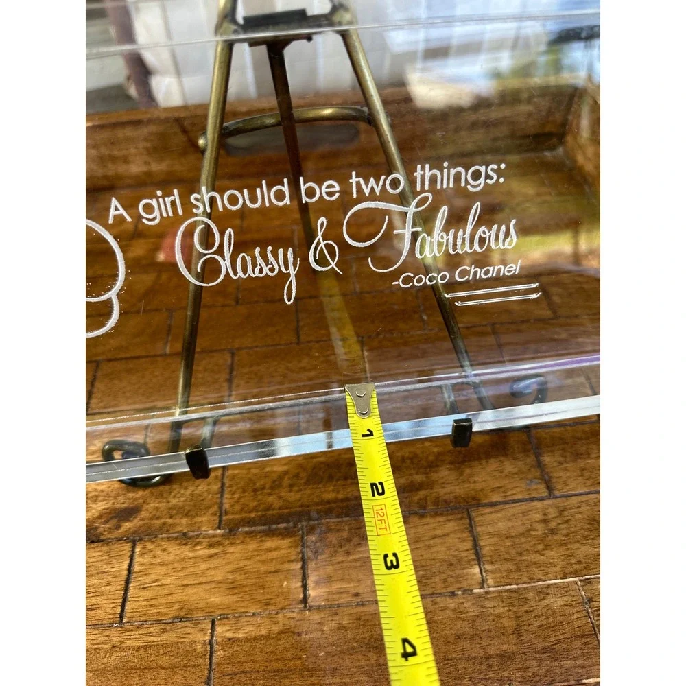 Hotel Balfour Coco Chanel Quote Acrylic Vanity Tray etched Clear lucite VGUC